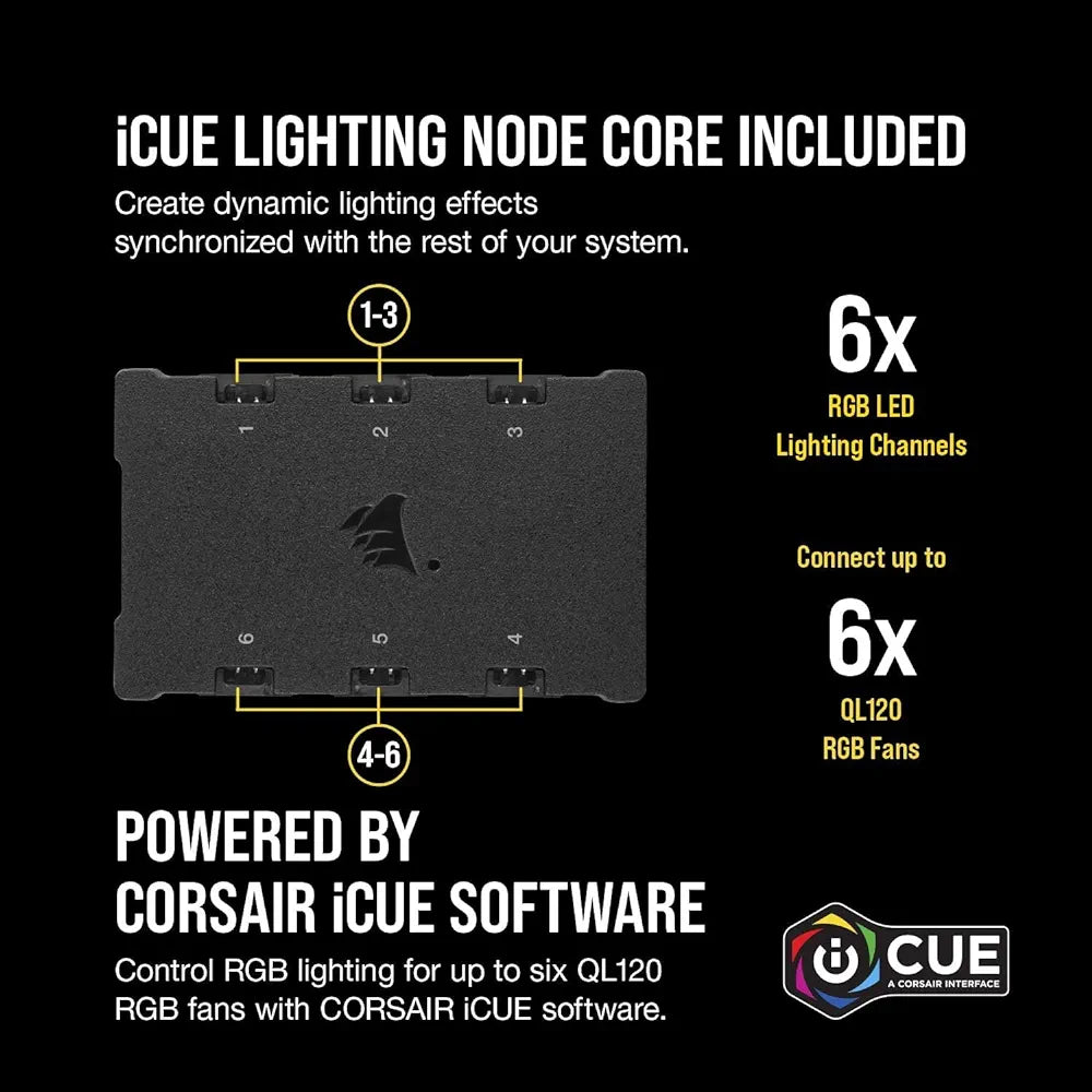 CORSAIR QL Series, QL120 RGB, 120mm RGB LED Fan, Triple Pack with Lighting Node CORE