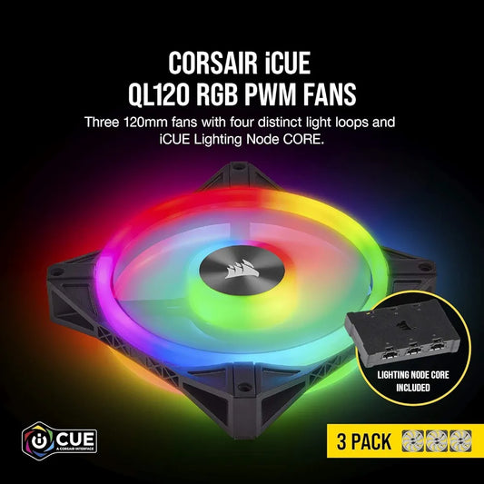 CORSAIR QL Series, QL120 RGB, 120mm RGB LED Fan, Triple Pack with Lighting Node CORE