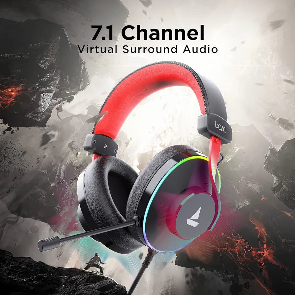 boAt Immortal IM-700 7.1 Channel PC Virtual Surround Sound, ENx Tech, RGB LEDs, Remote Control, Braided Cable USB Wired Over Ear with Mic and 50mm Drivers Gaming Headset