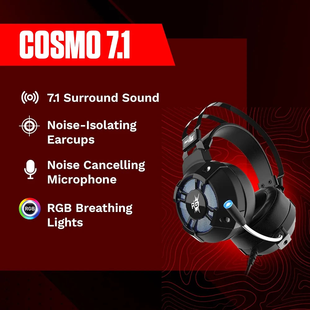 Redgear Cosmo 7,1 Usb Wired Over Ear Headphones With Mic With Virtual Surround Sound,50Mm Driver, Rgb Leds & Remote Control(Black) Gaming Headset