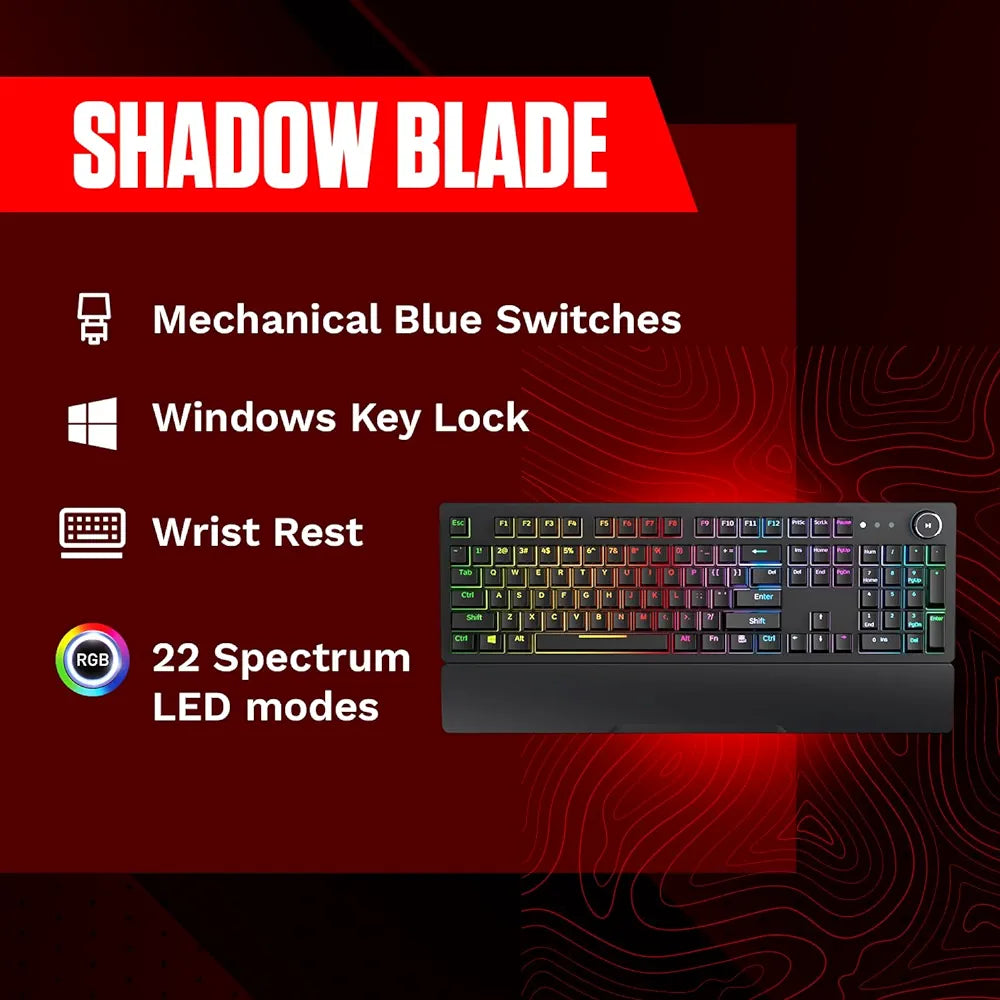 Redgear Shadow Blade Mechanical Keyboard with Drive Customization, Spectrum LED Lights, Media Control Knob and Wrist Support (Black) Gaming Keyboard