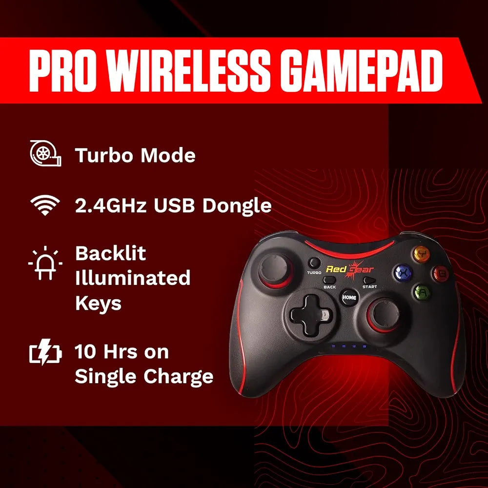 Redgear Pro Wireless Gamepad with 2.4GHz Wireless Technology, Integrated Dual Intensity Motor, Illuminated Keys for PC Gaming Controller